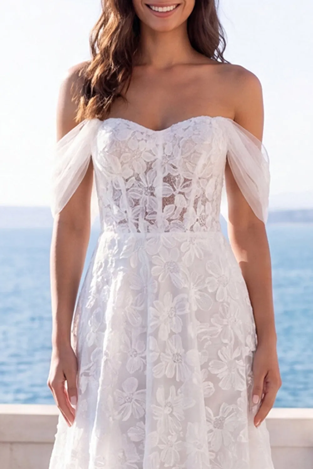 Off the Shoulder Ivory Embroidered FLoral Corset A Line Wedding Dress sold by Zapaka product image thumbnail 3