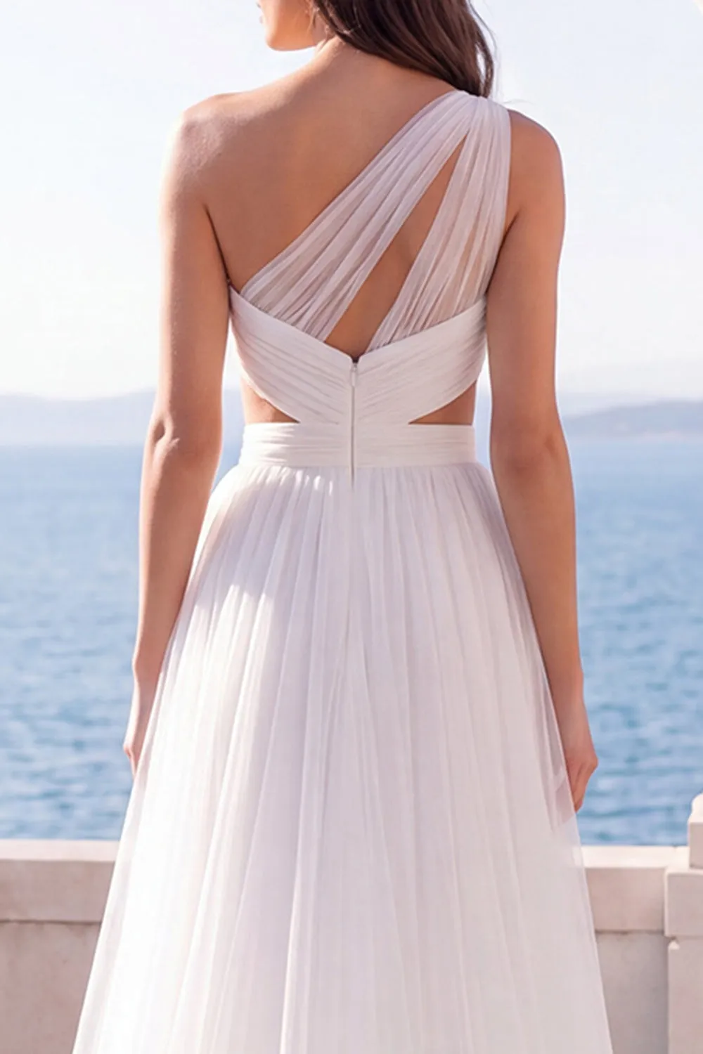 One Shoulder Ivory A Line Cut Out Wedding Dress with Slit sold by Zapaka product image thumbnail 4