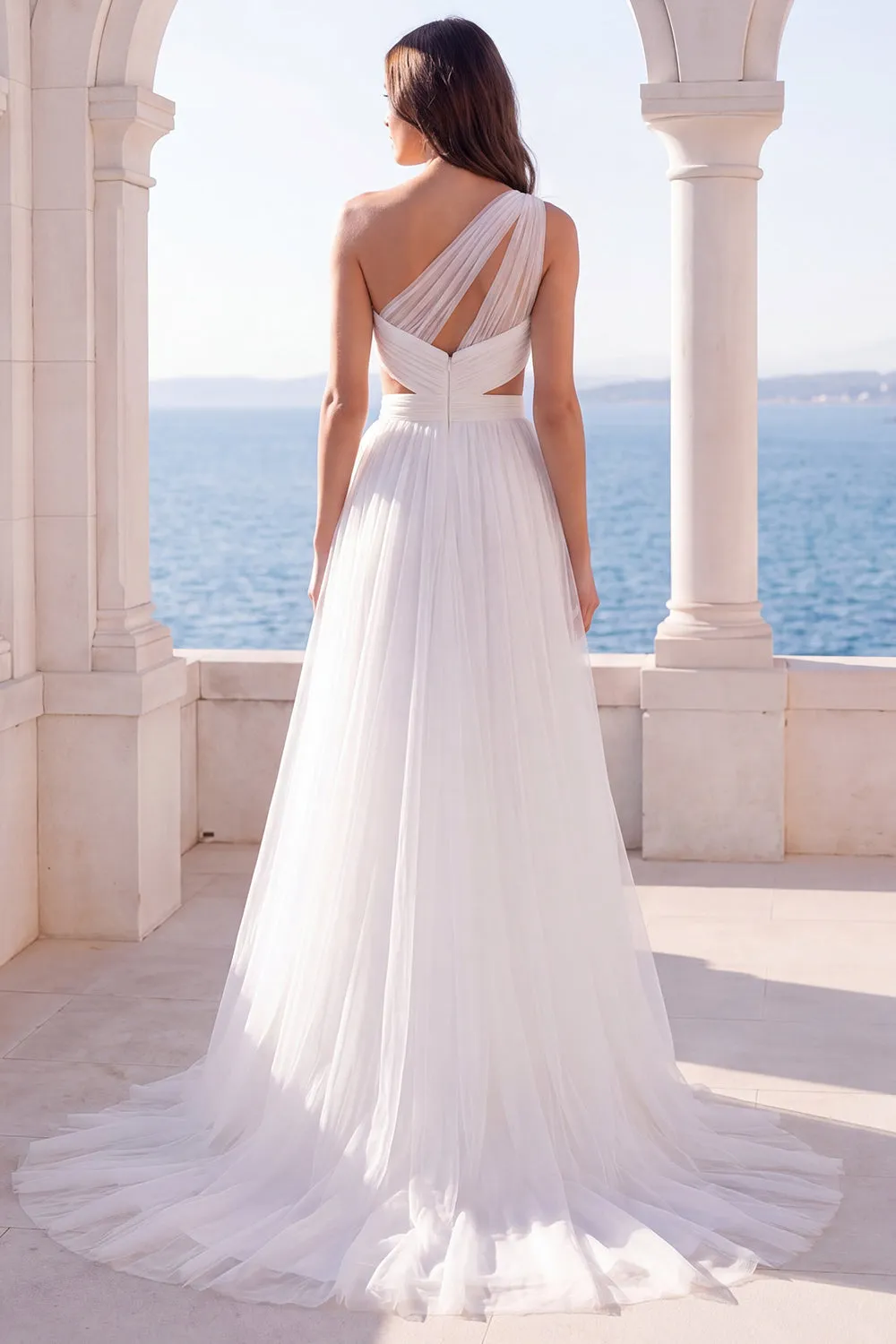One Shoulder Ivory A Line Cut Out Wedding Dress with Slit sold by Zapaka product image thumbnail 2