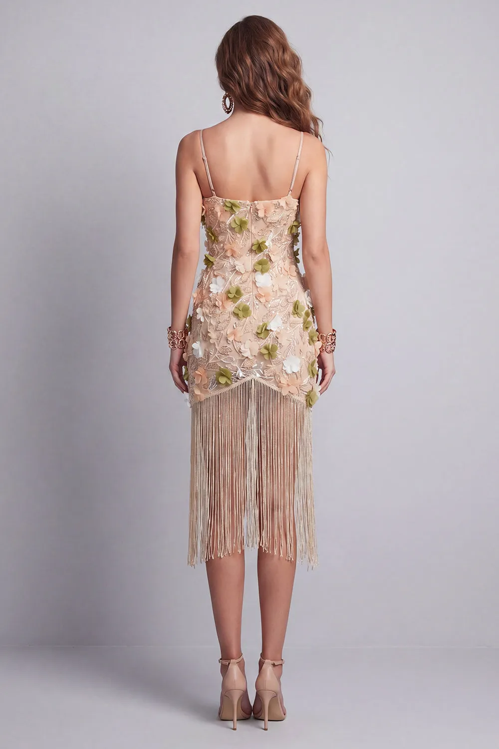 Sparkly Beaded Apricot Floral Short Cocktail Dress with Fringes sold by Zapaka product image thumbnail 3