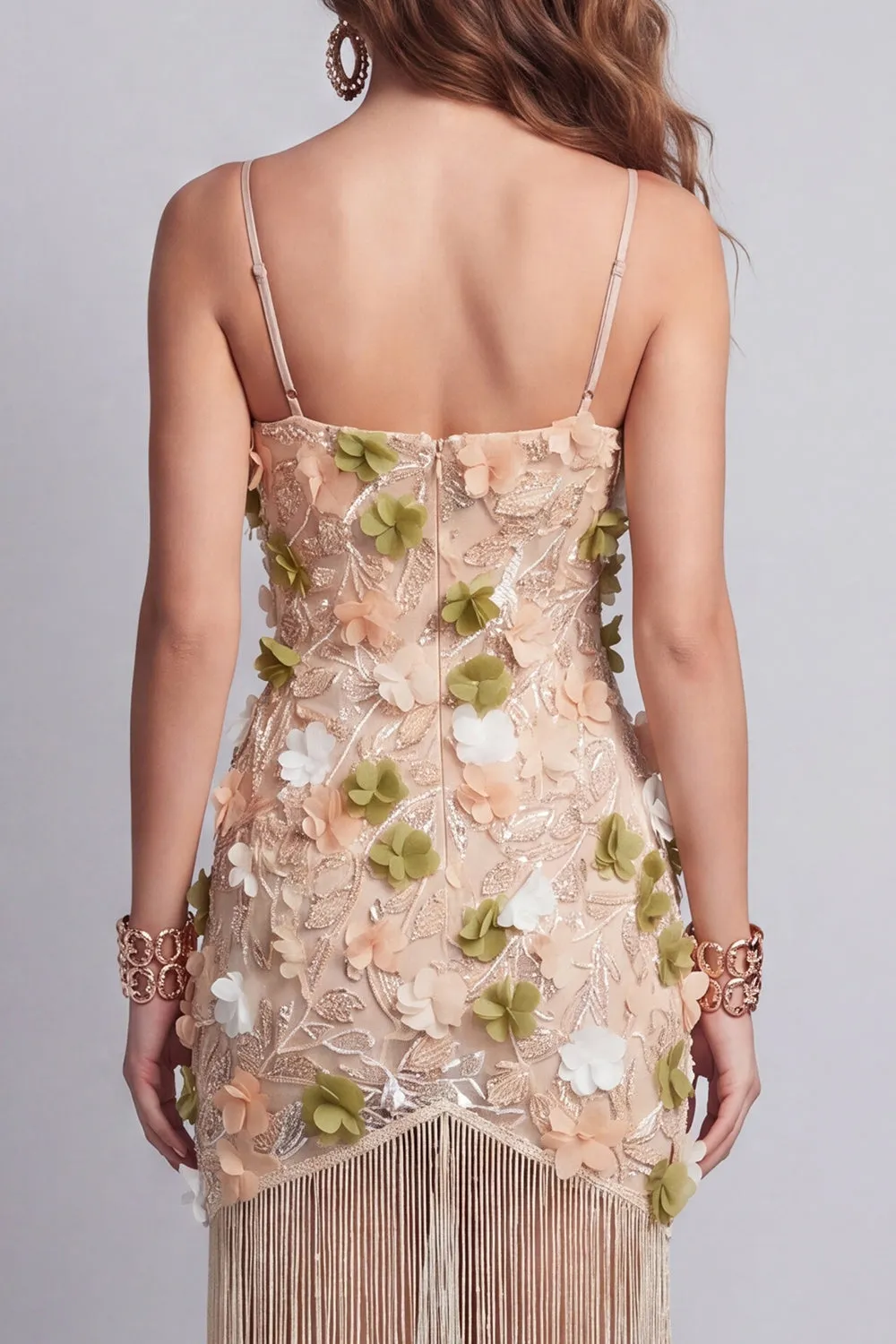 Sparkly Beaded Apricot Floral Short Cocktail Dress with Fringes sold by Zapaka product image thumbnail 4