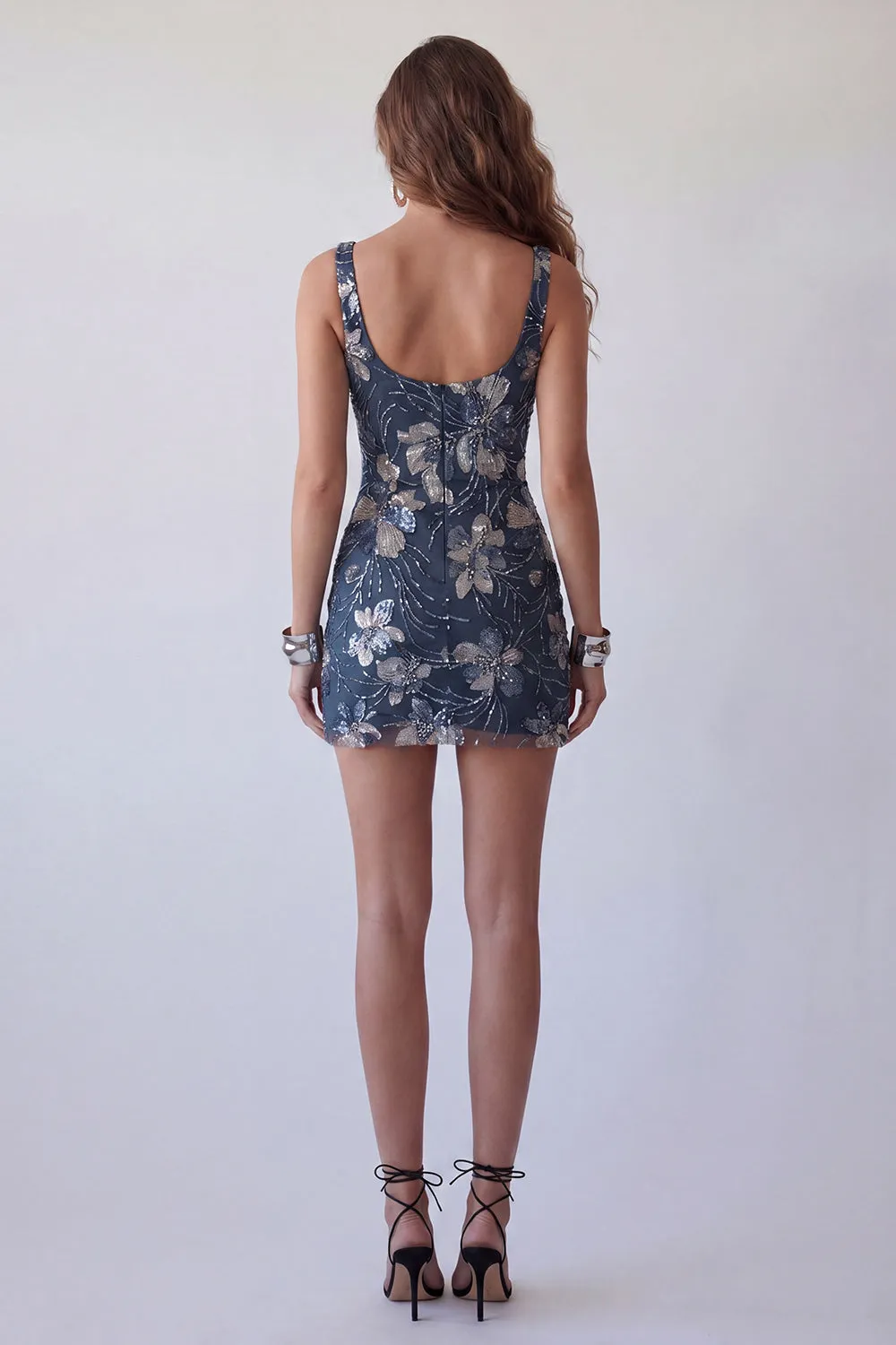 Sparkly Navy Beaded Floral Thick Straps Tight Short Cocktail Dress sold by Zapaka product image thumbnail 3
