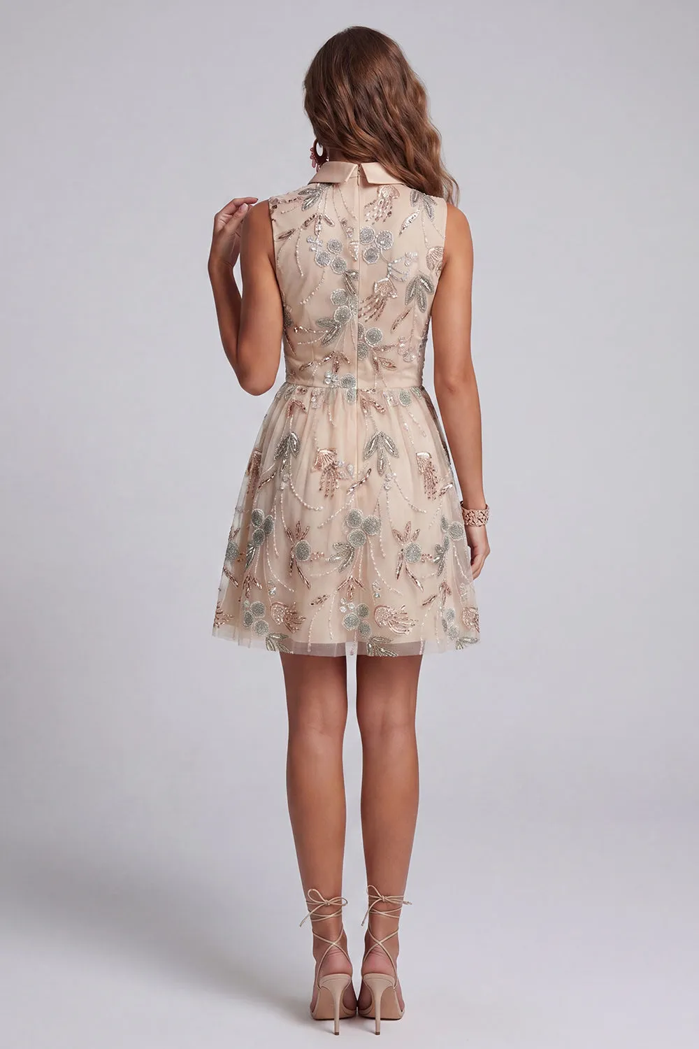 Sparkly Champagne Keyhole A Line Beaded Short Homecoming Dress with Bow sold by Zapaka product image thumbnail 3