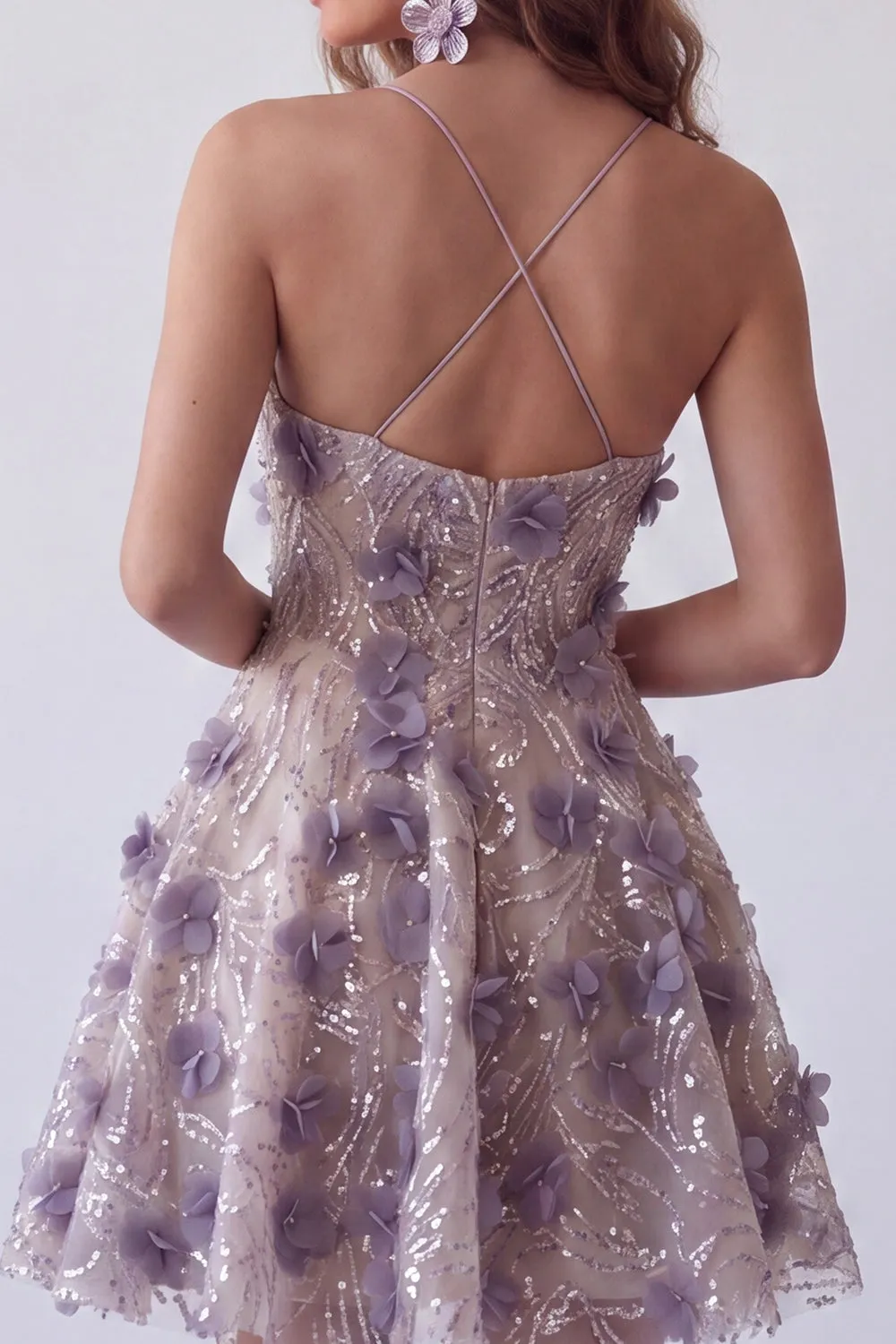 Sparkly Purple Sequin Floral Short Cocktail Dress sold by Zapaka product image thumbnail 4