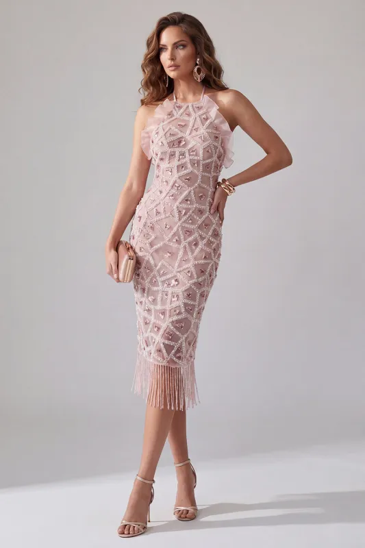 Sparkly Blush Bodycon Ruffled Beaded Midi Halter Cocktail Dress with Fringes made by Zapaka