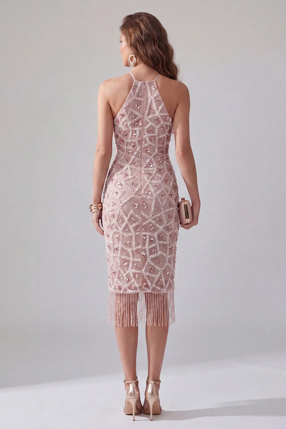 Sparkly Blush Bodycon Ruffled Beaded Midi Halter Cocktail Dress with Fringes sold by Zapaka product image thumbnail 2