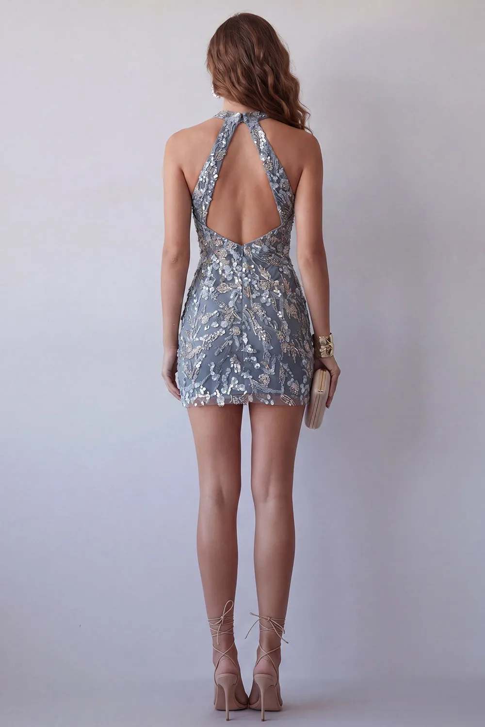 Sparkly Grey Blue Halter Tight Short Beaded Homecoming Dress with Sequins sold by Zapaka product image thumbnail 3