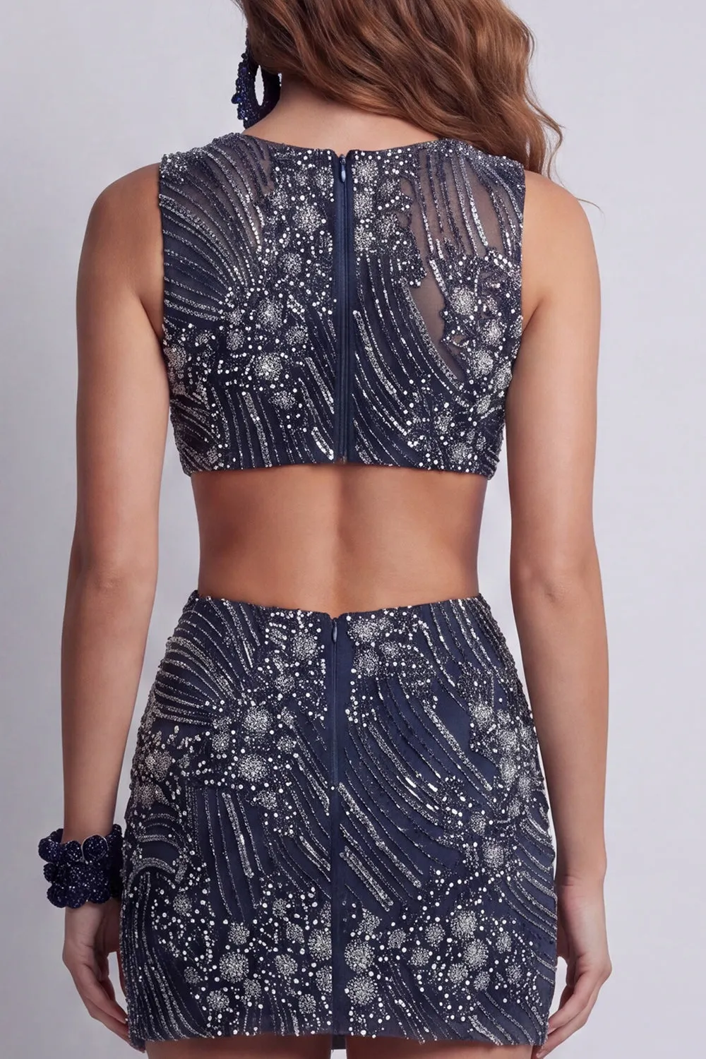 Sparkly Navy Boat Neck Cut Out Beaded Tight Short Homecoming Dress sold by Zapaka product image thumbnail 4