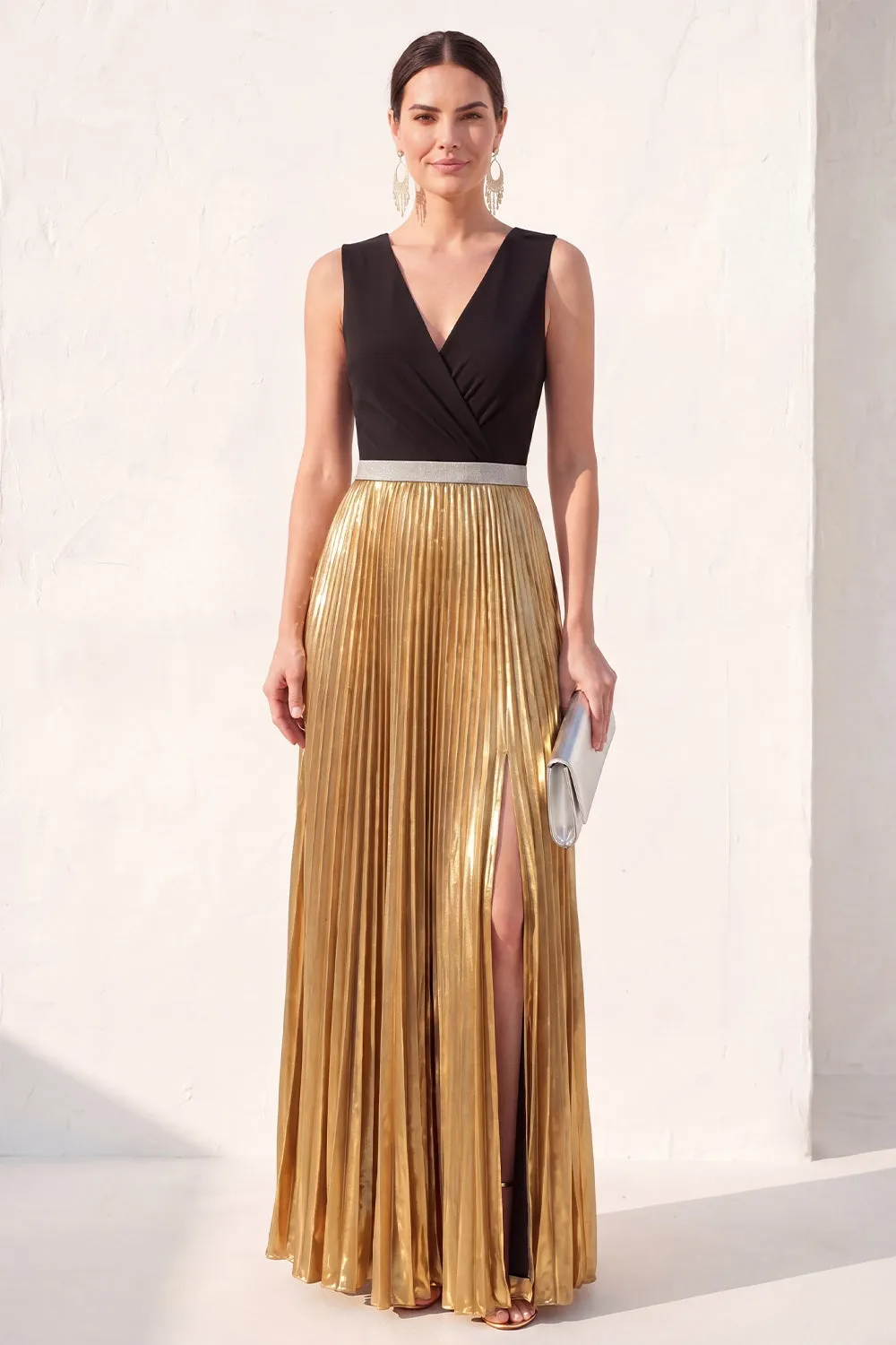 Black Golden A Line Pleated V Neck Formal Dress with Slit sold by Zapaka
