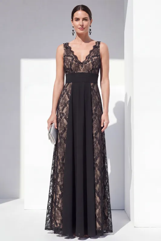 Black Lace A Line V Neck Formal Dress made by Zapaka
