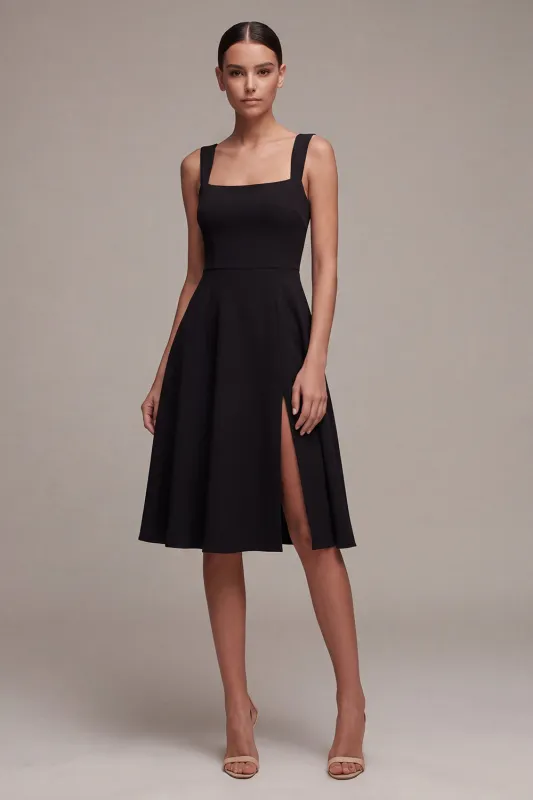 Black Square Neck A Line Midi Formal Dress with Slit made by Zapaka