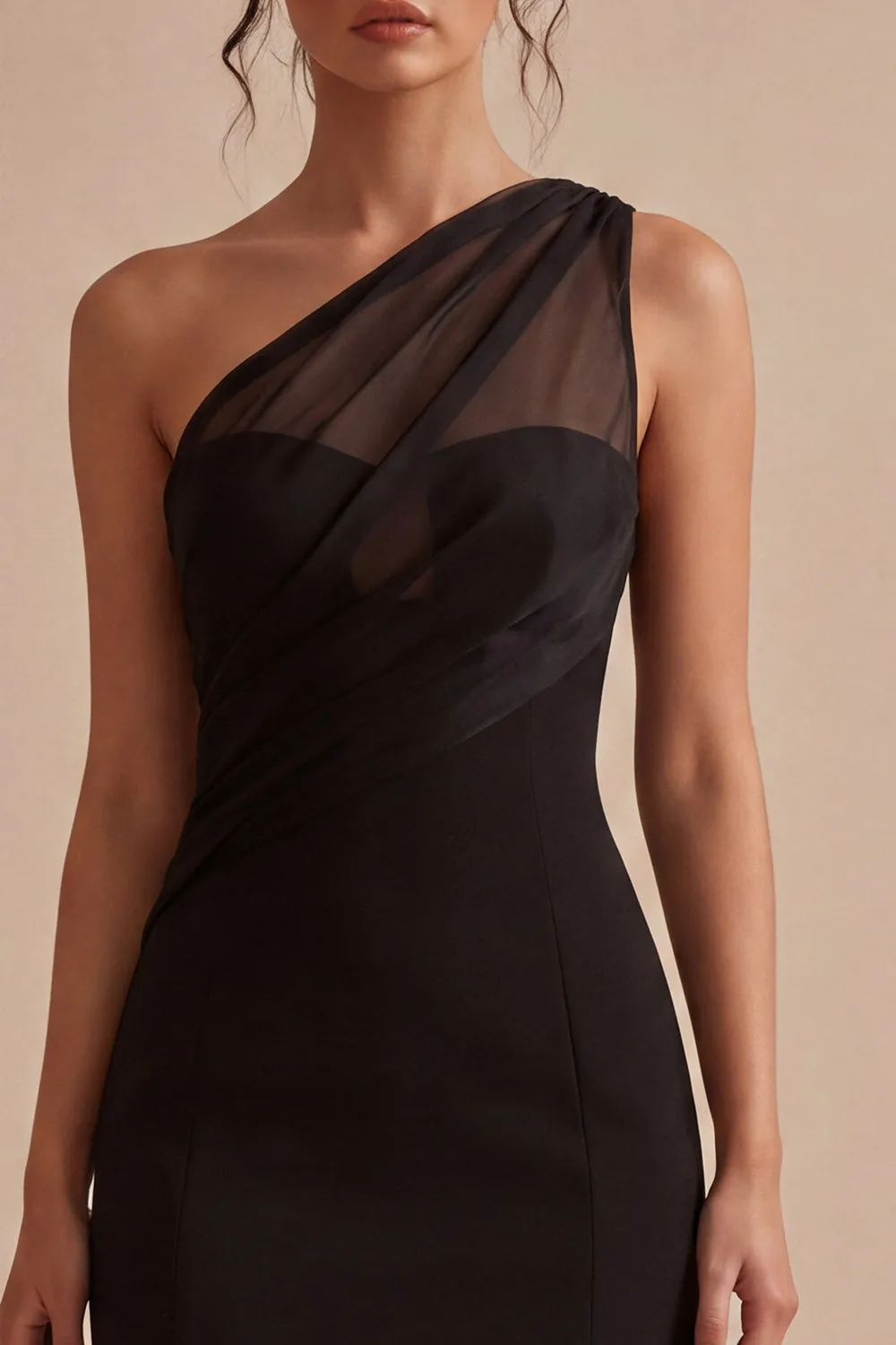 One Shoulder Ruched Mesh Tight Little Black Dress sold by Zapaka product image thumbnail 3