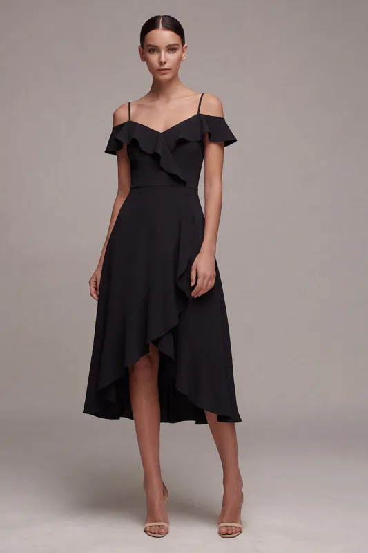 Cold Shoulder A Line High Low Little Black Dress with Ruffles made by Zapaka