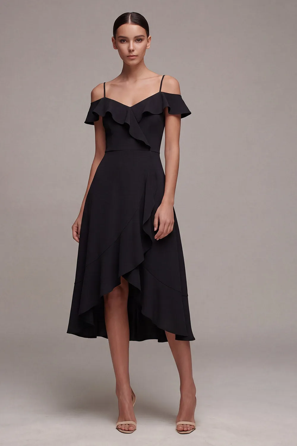 Cold Shoulder A Line High Low Little Black Dress with Ruffles sold by Zapaka