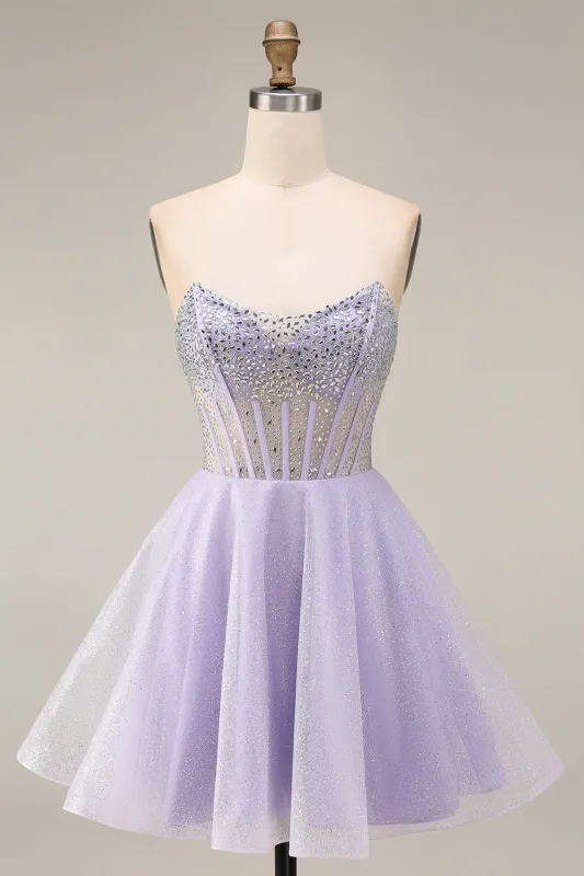 Strapless A Line Lilac Sequins Corset Short Homecoming Dress with Beading made by Zapaka