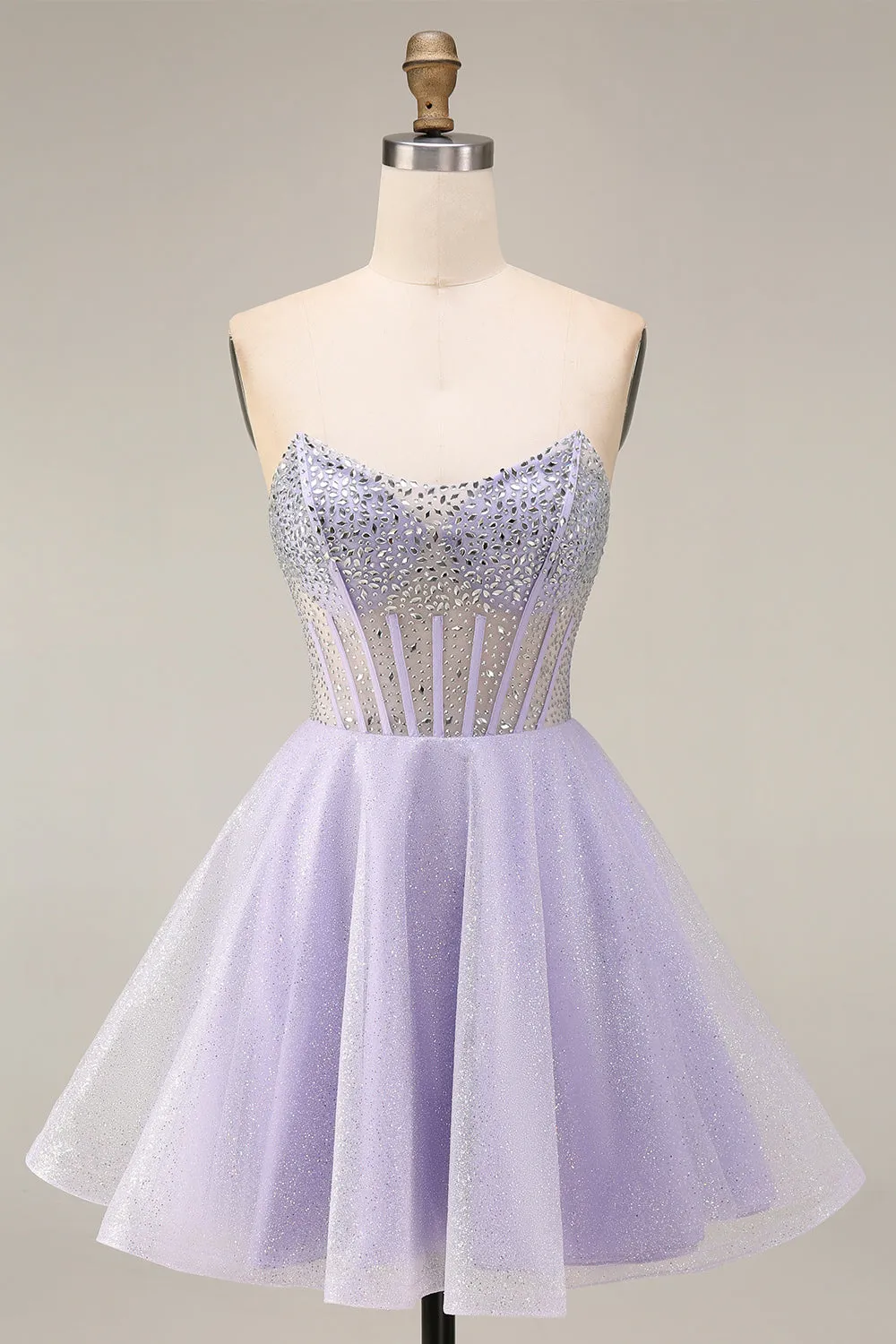 Strapless A Line Lilac Sequins Corset Short Homecoming Dress with Beading sold by Zapaka