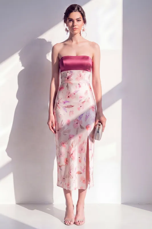Pink Satin Strapless Sheath Floral Midi Dress with Slit made by Zapaka