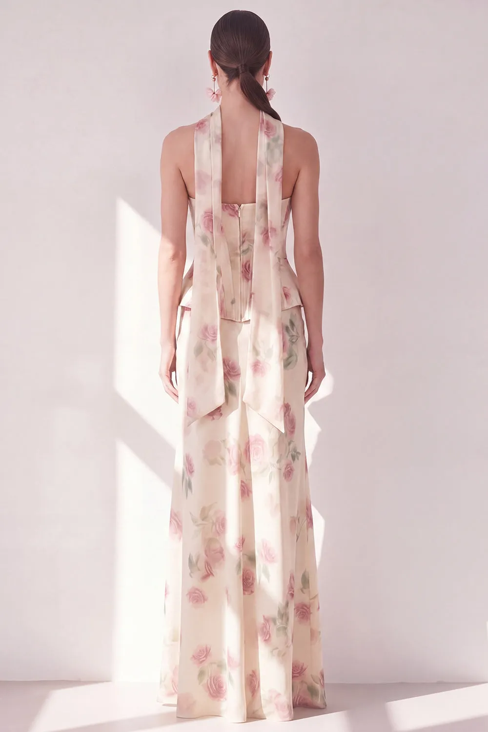Apricot Strapless Corset Maxi Floral Dress with Neck Scarf sold by Zapaka product image thumbnail 2