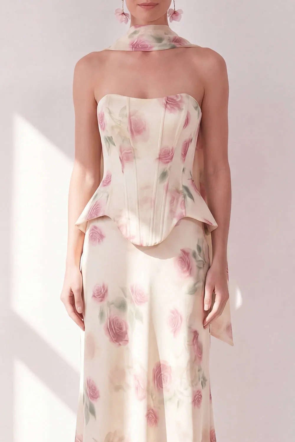 Apricot Strapless Corset Maxi Floral Dress with Neck Scarf sold by Zapaka product image thumbnail 3