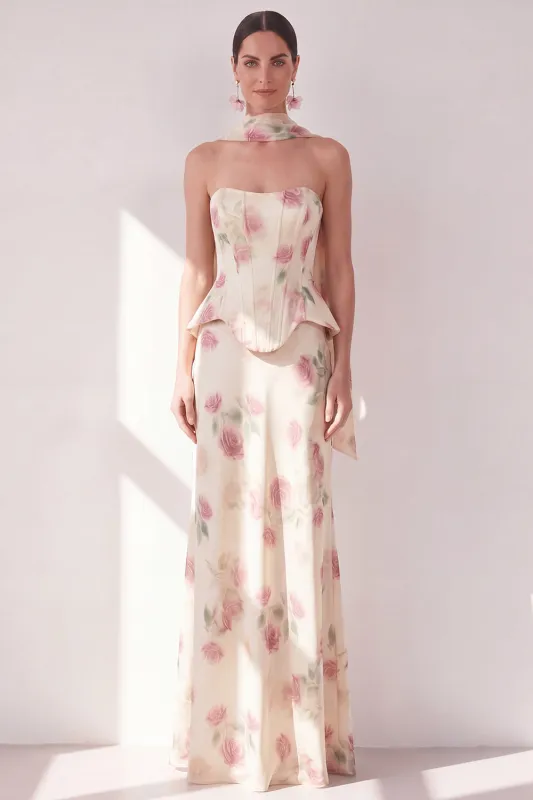 Apricot Strapless Corset Maxi Floral Dress with Neck Scarf made by Zapaka