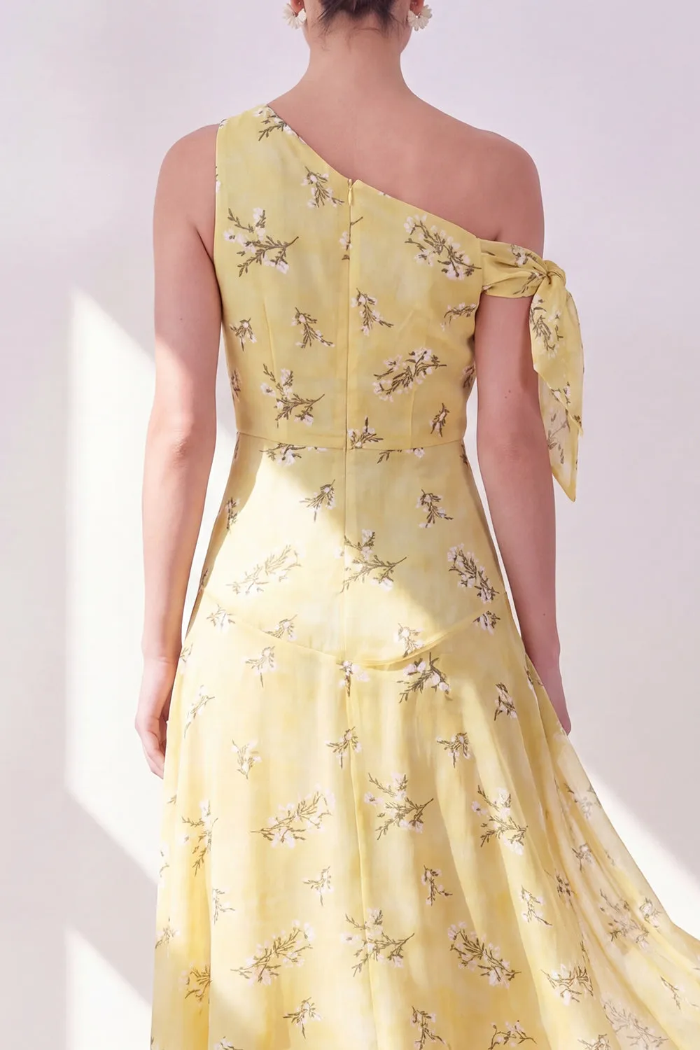 One Shoulder A-Line Yellow Chiffon Asymmetrical Midi Floral Dress sold by Zapaka product image thumbnail 4