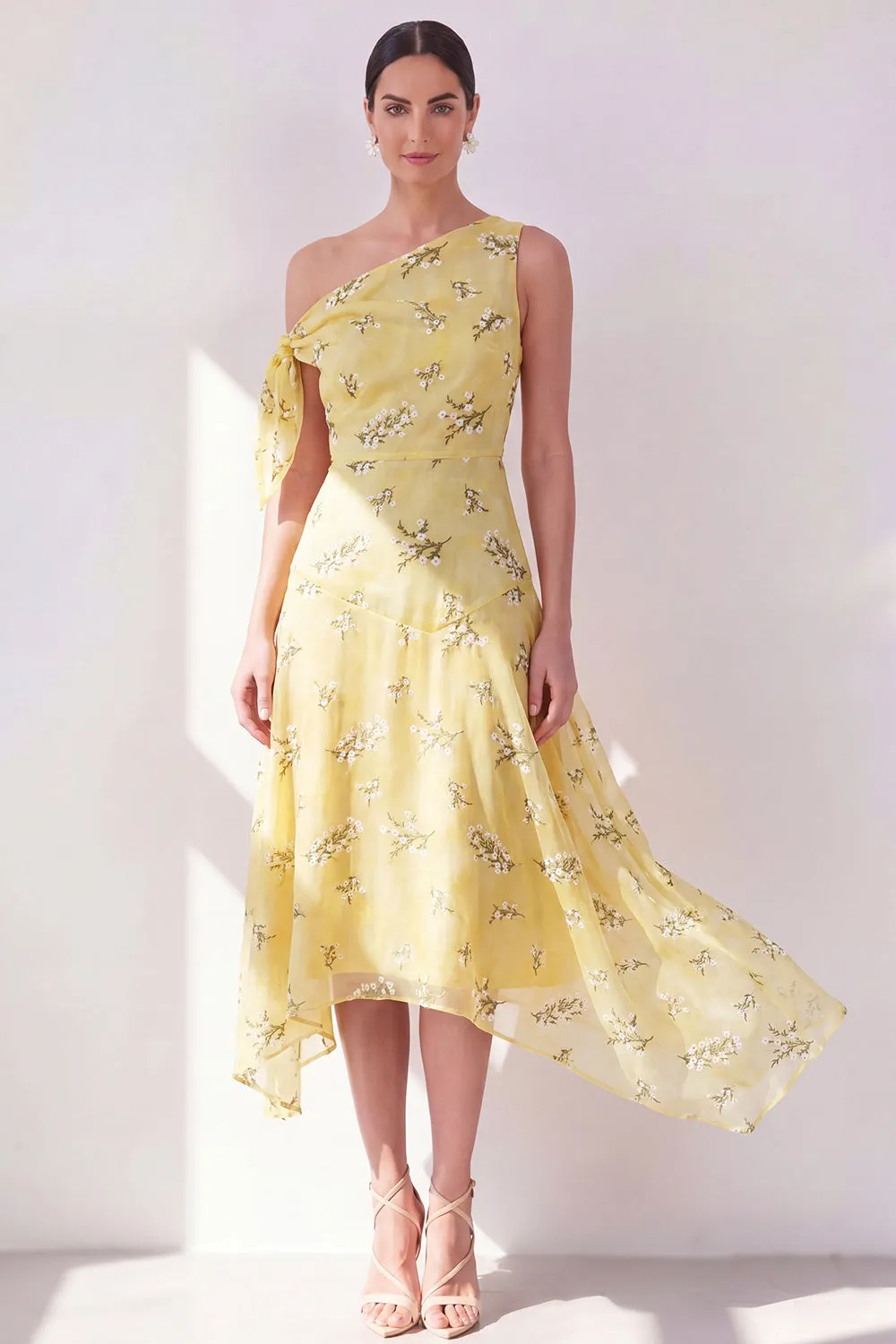 One Shoulder A-Line Yellow Chiffon Asymmetrical Midi Floral Dress sold by Zapaka