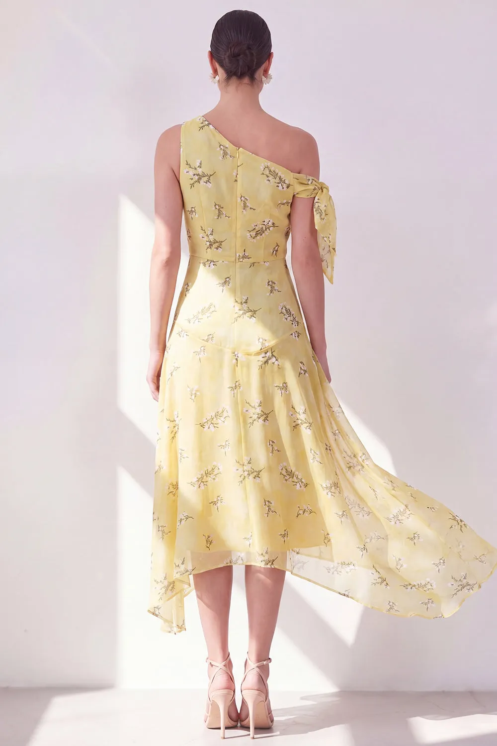 One Shoulder A-Line Yellow Chiffon Asymmetrical Midi Floral Dress sold by Zapaka product image thumbnail 2