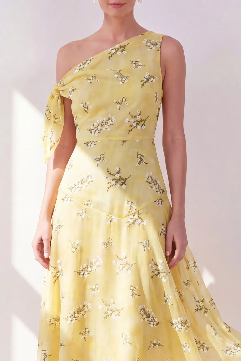 One Shoulder A-Line Yellow Chiffon Asymmetrical Midi Floral Dress sold by Zapaka product image thumbnail 3
