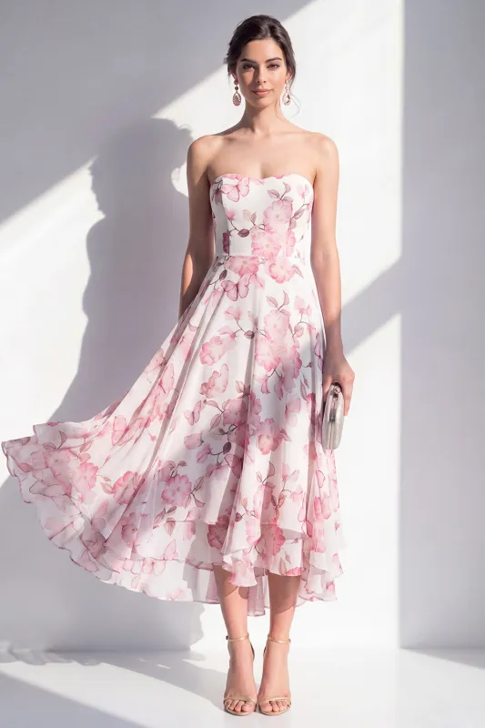 A-Line Pink Flower Chiffon Strapless Midi Dress made by Zapaka