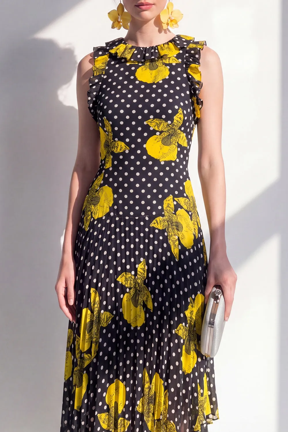 Black Yellow Flower A-Line Round Neck Asymmetrical Chiffon Midi Dress sold by Zapaka product image thumbnail 3