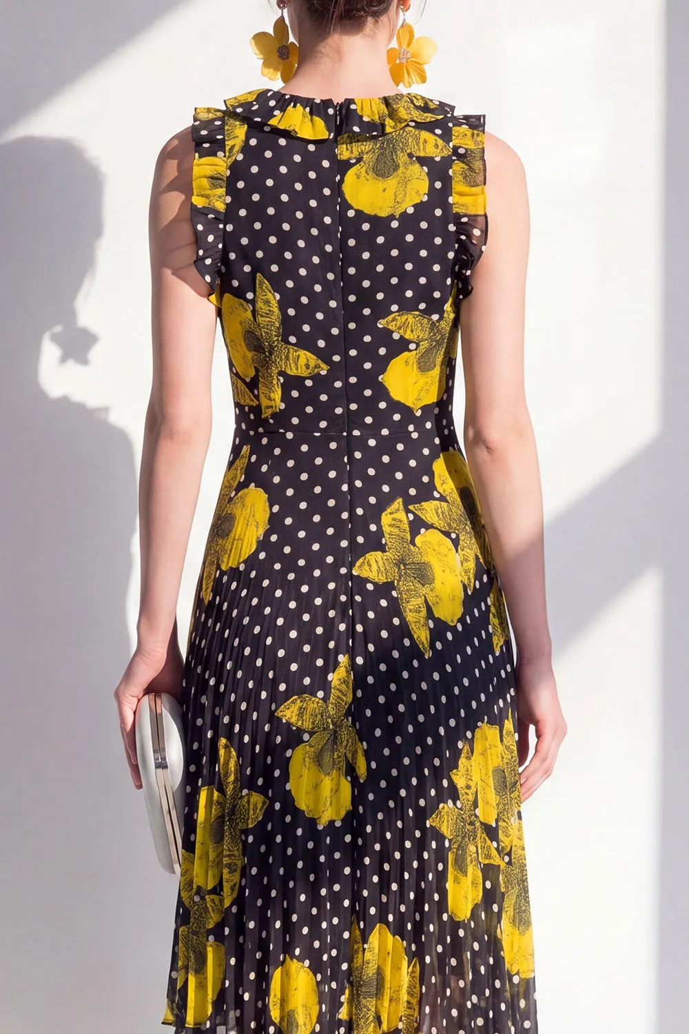 Black Yellow Flower A-Line Round Neck Asymmetrical Chiffon Midi Dress sold by Zapaka product image thumbnail 4