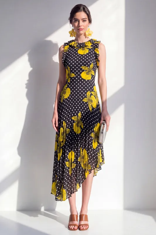 Black Yellow Flower A-Line Round Neck Asymmetrical Chiffon Midi Dress made by Zapaka