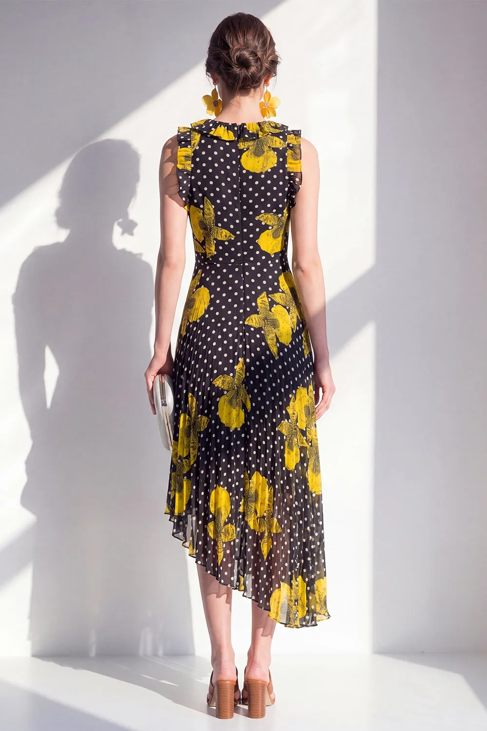 Black Yellow Flower A-Line Round Neck Asymmetrical Chiffon Midi Dress sold by Zapaka product image thumbnail 2