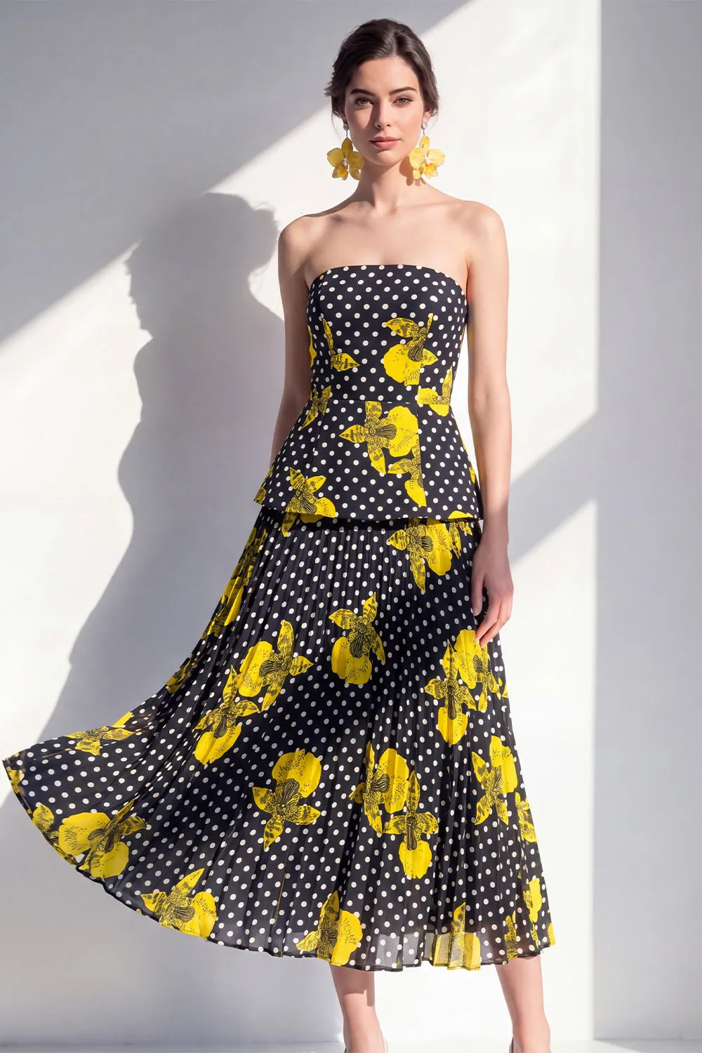 Strapless Black Yellow Flower A-Line Chiffon Midi Dress sold by Zapaka