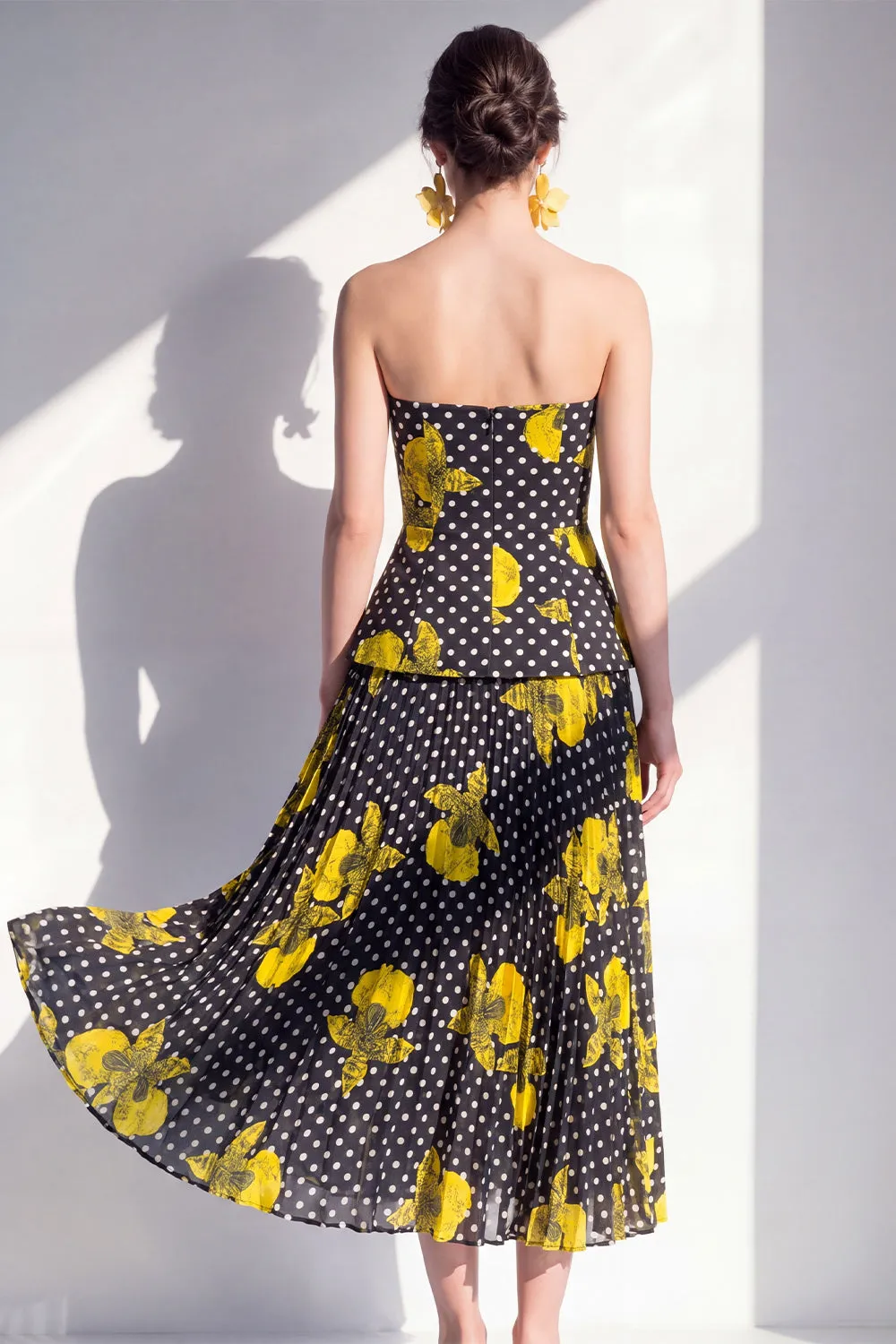 Strapless Black Yellow Flower A-Line Chiffon Midi Dress sold by Zapaka product image thumbnail 2