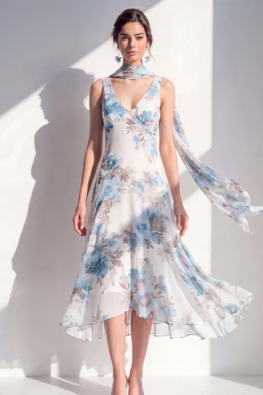 A-Line Blue Flower V-Neck Chiffon Midi Dress with Neck Scarf made by Zapaka