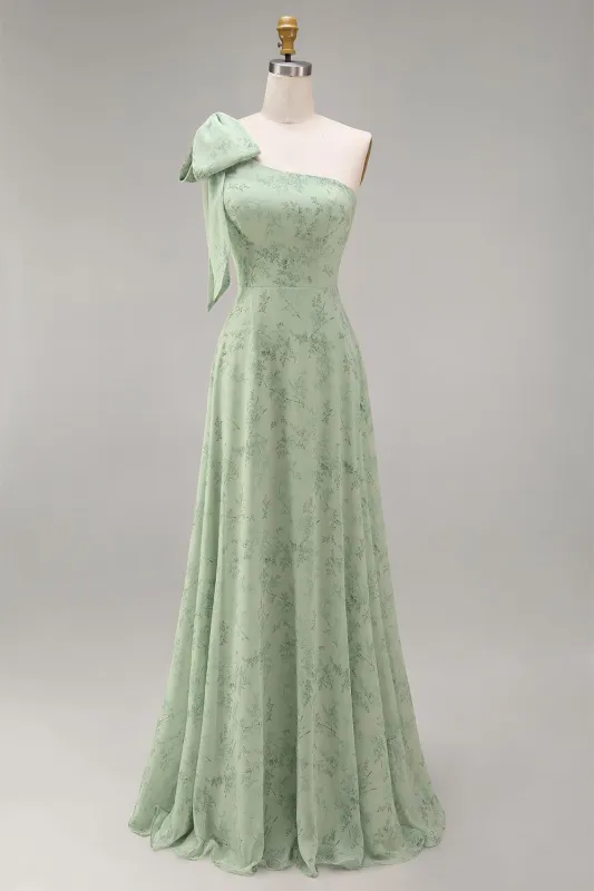 Dusty Sage One Shoulder Floral A-Line Long Bridesmaid Dress with Bow made by Zapaka