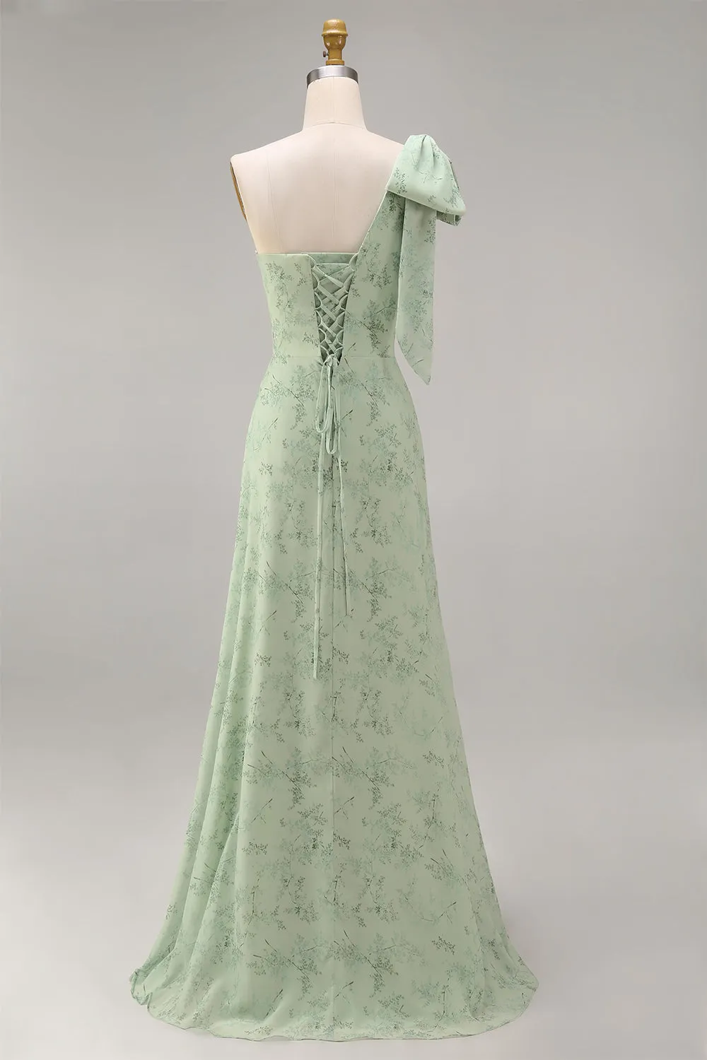 Dusty Sage One Shoulder Floral A-Line Long Bridesmaid Dress with Bow sold by Zapaka product image thumbnail 2