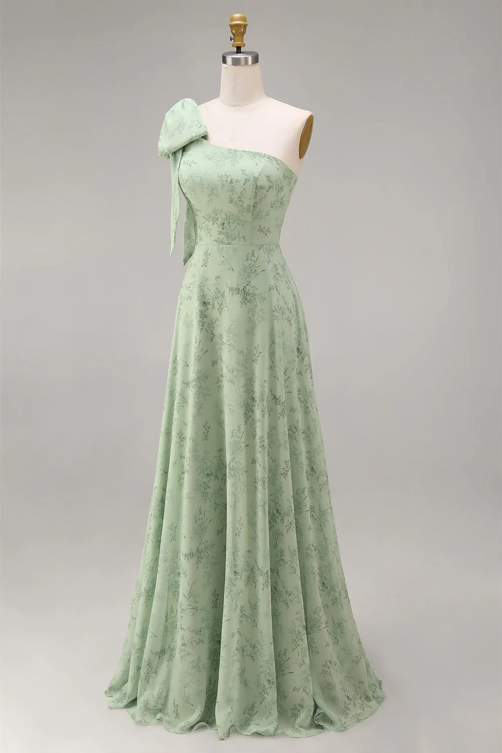 Dusty Sage One Shoulder Floral A-Line Long Bridesmaid Dress with Bow sold by Zapaka product image thumbnail 3