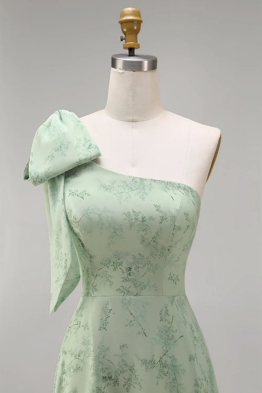 Dusty Sage One Shoulder Floral A-Line Long Bridesmaid Dress with Bow sold by Zapaka product image thumbnail 4