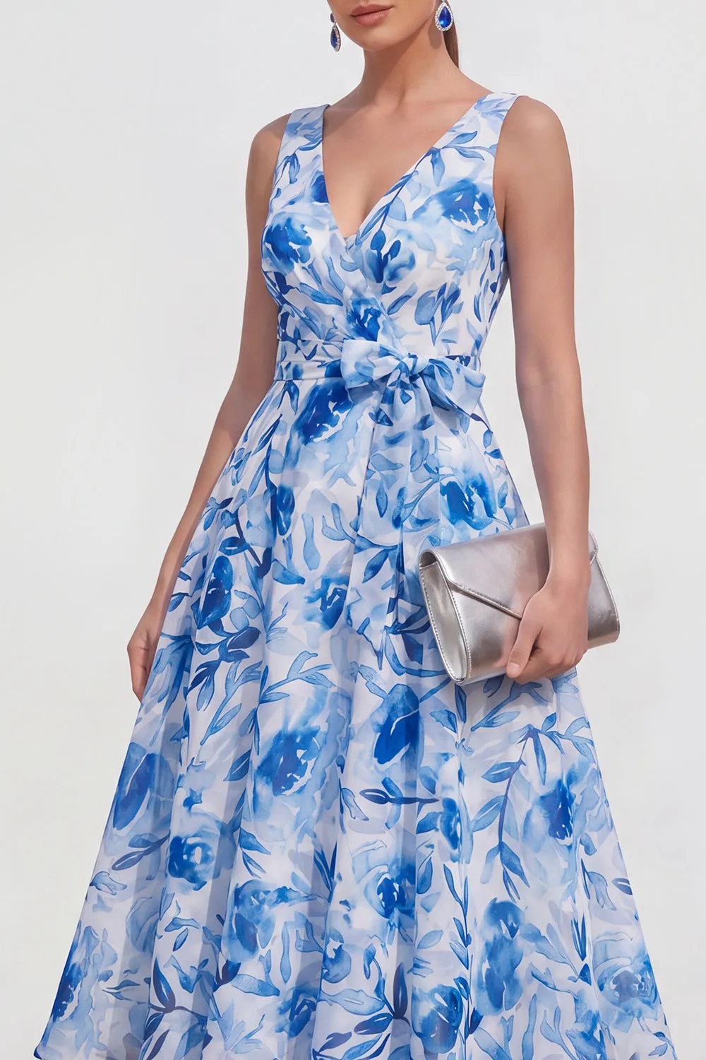 Blue Flower A-Line V-Neck Chiffon Midi Dress with Belt sold by Zapaka product image thumbnail 3