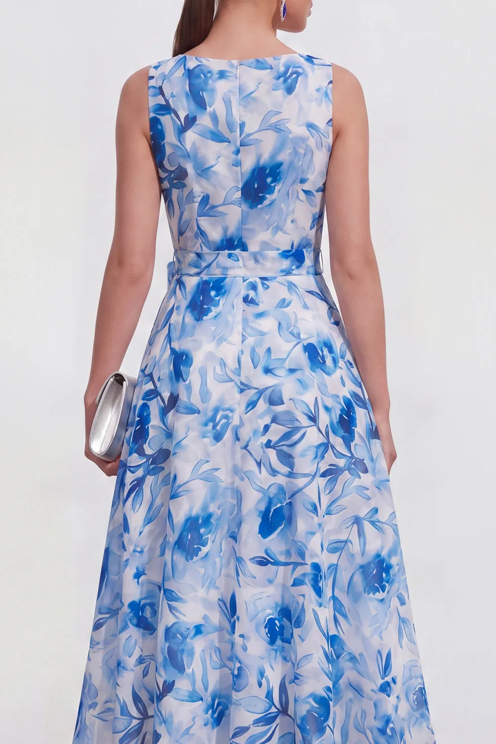 Blue Flower A-Line V-Neck Chiffon Midi Dress with Belt sold by Zapaka product image thumbnail 4