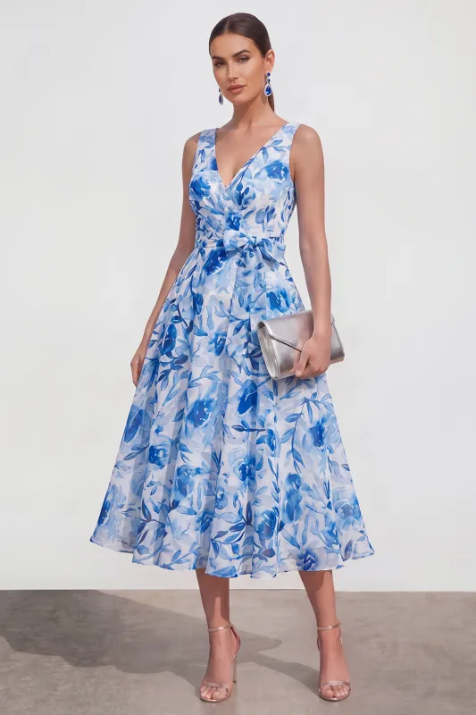 Blue Flower A-Line V-Neck Chiffon Midi Dress with Belt made by Zapaka