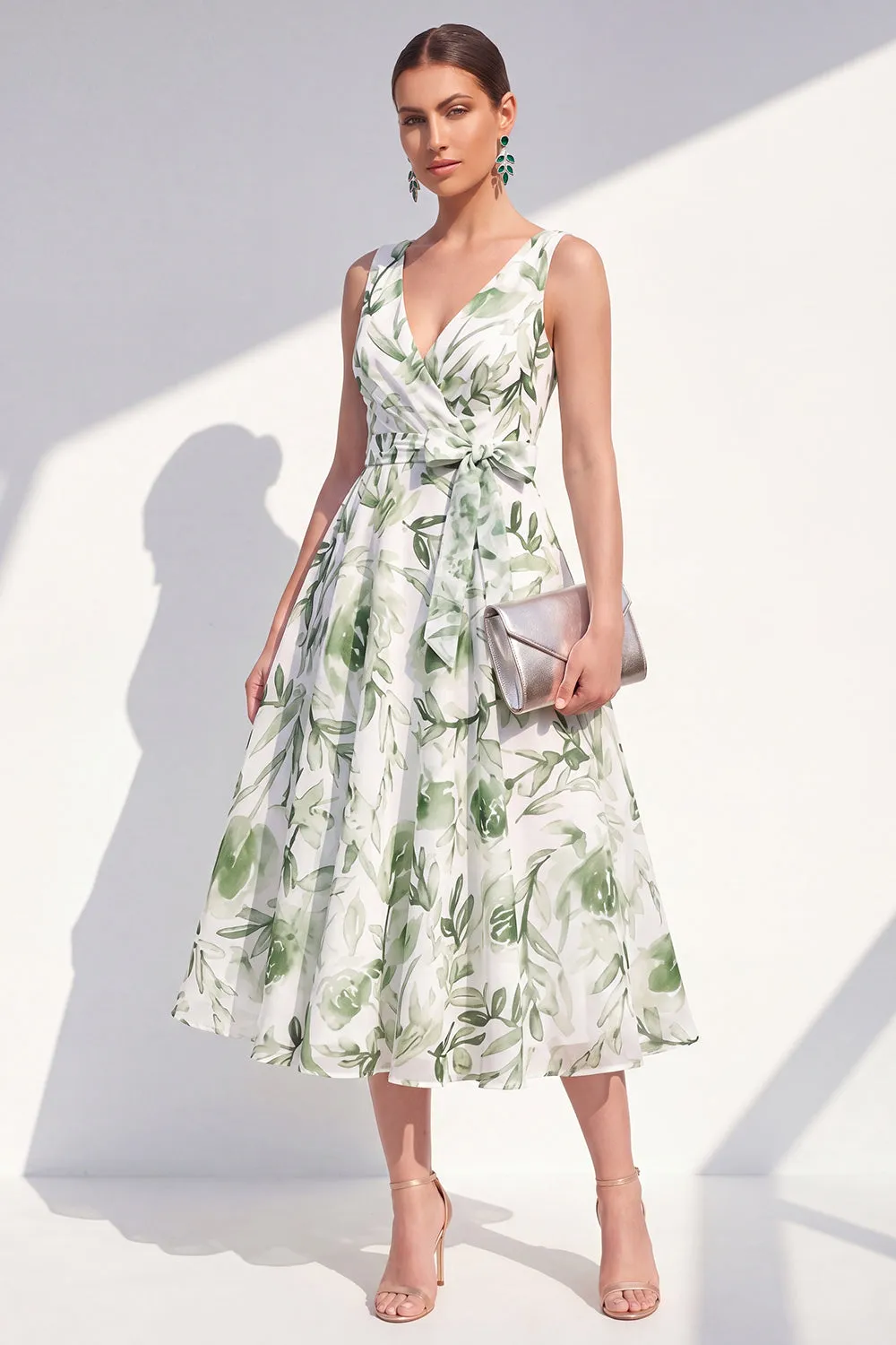 Blue Flower A-Line V-Neck Chiffon Midi Dress with Belt sold by Zapaka product image thumbnail 5