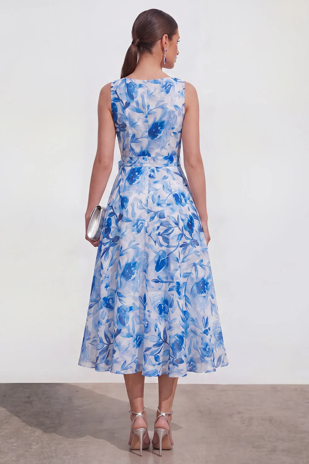 Blue Flower A-Line V-Neck Chiffon Midi Dress with Belt sold by Zapaka product image thumbnail 2