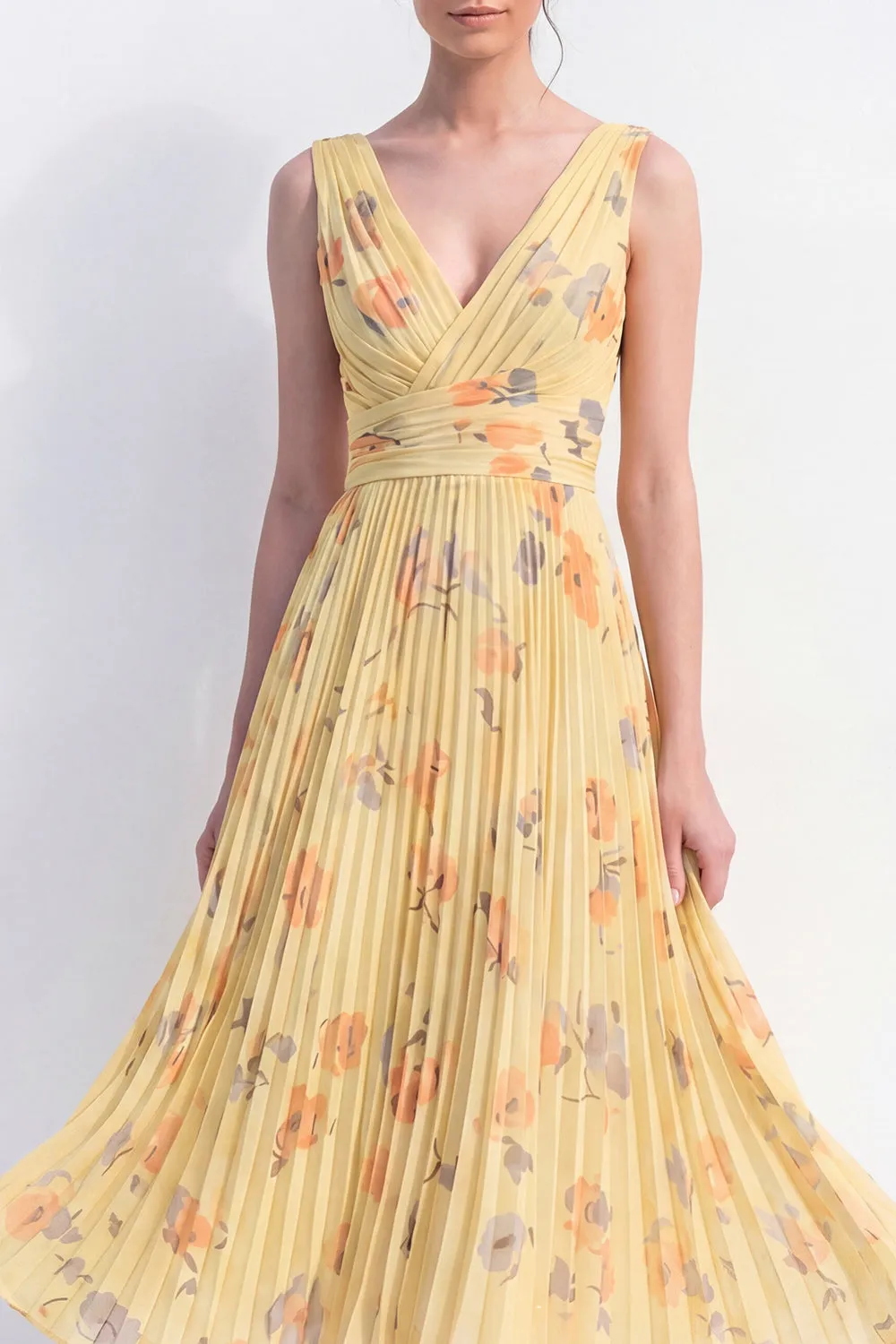 A-Line Yellow V-Neck Chiffon Pleated Midi Floral Dress sold by Zapaka product image thumbnail 3