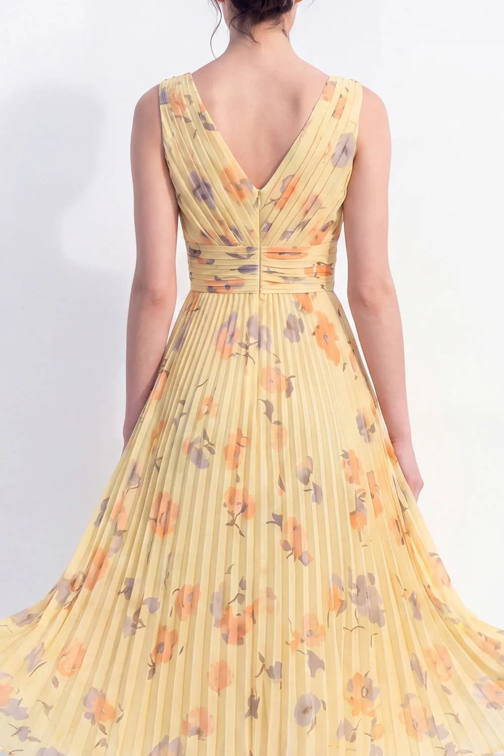 A-Line Yellow V-Neck Chiffon Pleated Midi Floral Dress sold by Zapaka product image thumbnail 4
