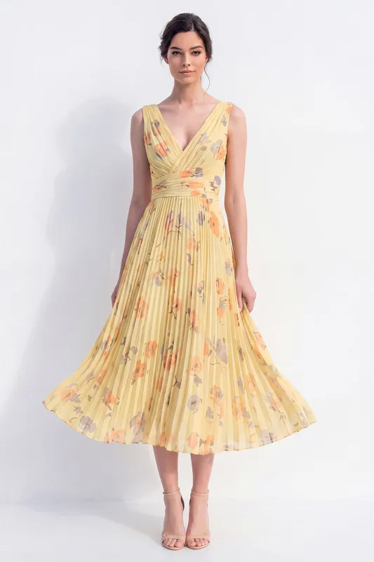 A-Line Yellow V-Neck Chiffon Pleated Midi Floral Dress made by Zapaka