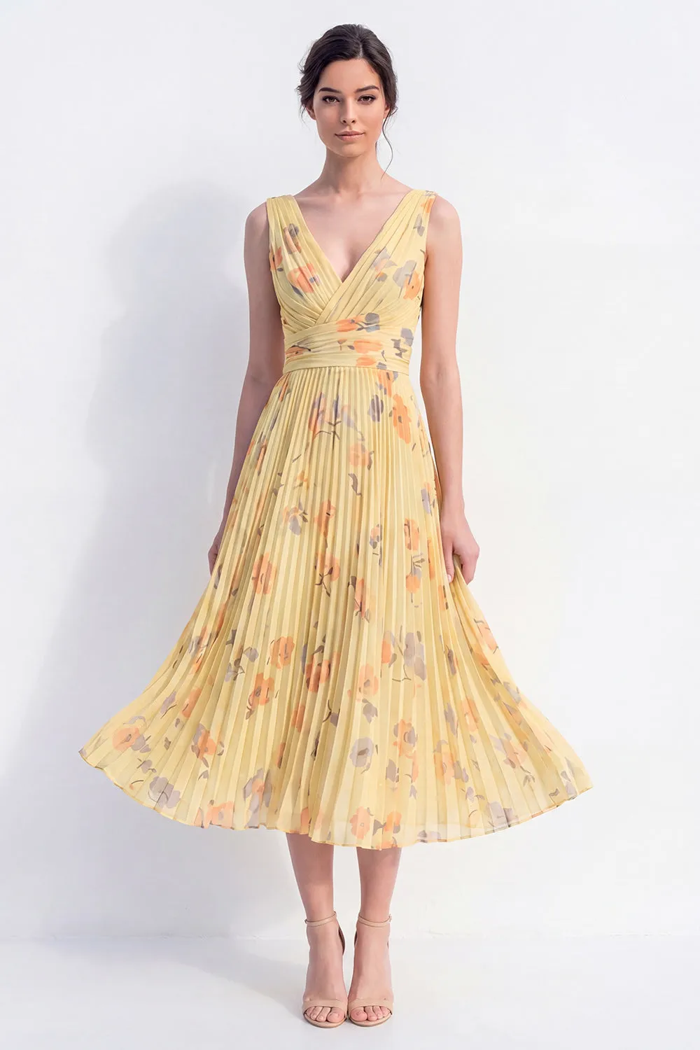A-Line Yellow V-Neck Chiffon Pleated Midi Floral Dress sold by Zapaka