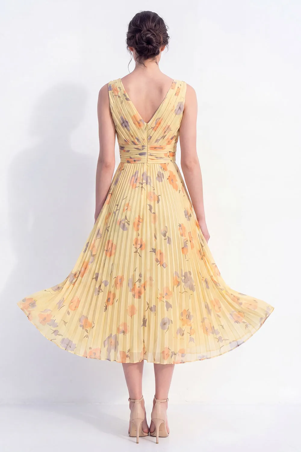 A-Line Yellow V-Neck Chiffon Pleated Midi Floral Dress sold by Zapaka product image thumbnail 2